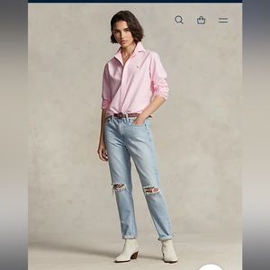 Ralph Lauren pink and white button-down striped shirt with logo slim fit